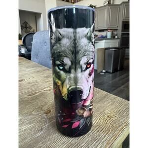 Wolf With Colored Eyes Flowers Design 20oz Insulated Straight Stainless Tumbler
